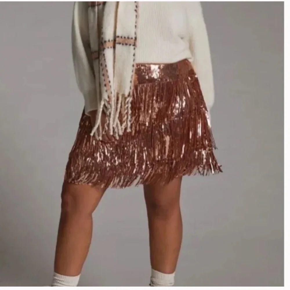 Maeve Fringed Sequined Boho Hippie Chic Hipster Modern Art Deco Farm Mini Skirt